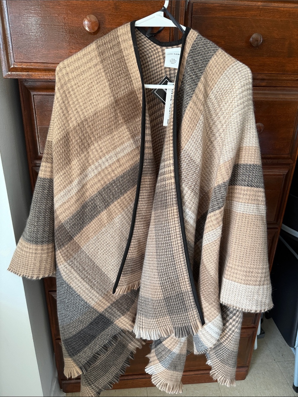 Anne Klein Plaid Fringe Wrap Cape in Beige, Taupe and Gray